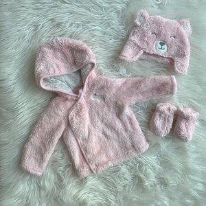 Carters Bear Pink Hooded Jacket, Hat & Mittens